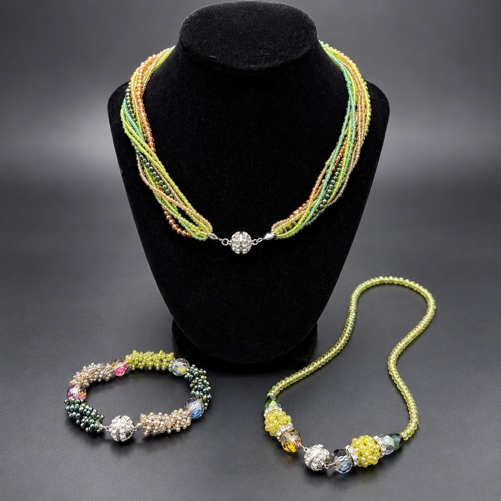 Vintage AB Crystal Rhinestone Multi Strand Necklace Bracelet Set 3 Piece Y2K